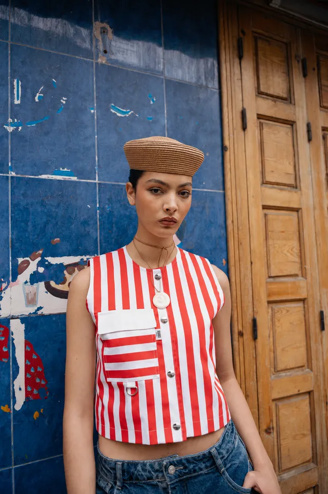 BOBO PARIS Colette gilet rayures rouge coton crop