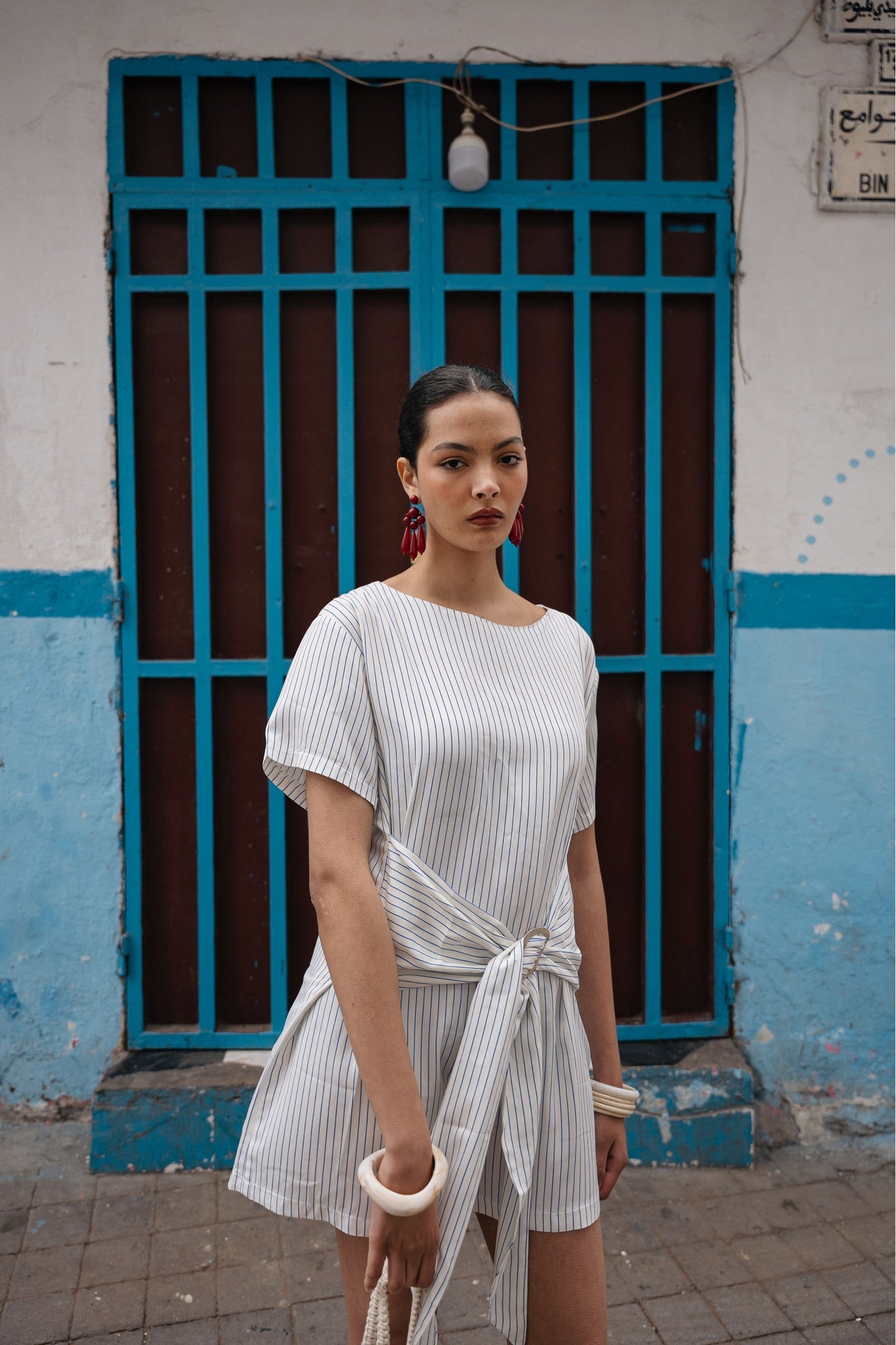 BOBO PARIS Jeanne robe à nouer rayures bleues coton