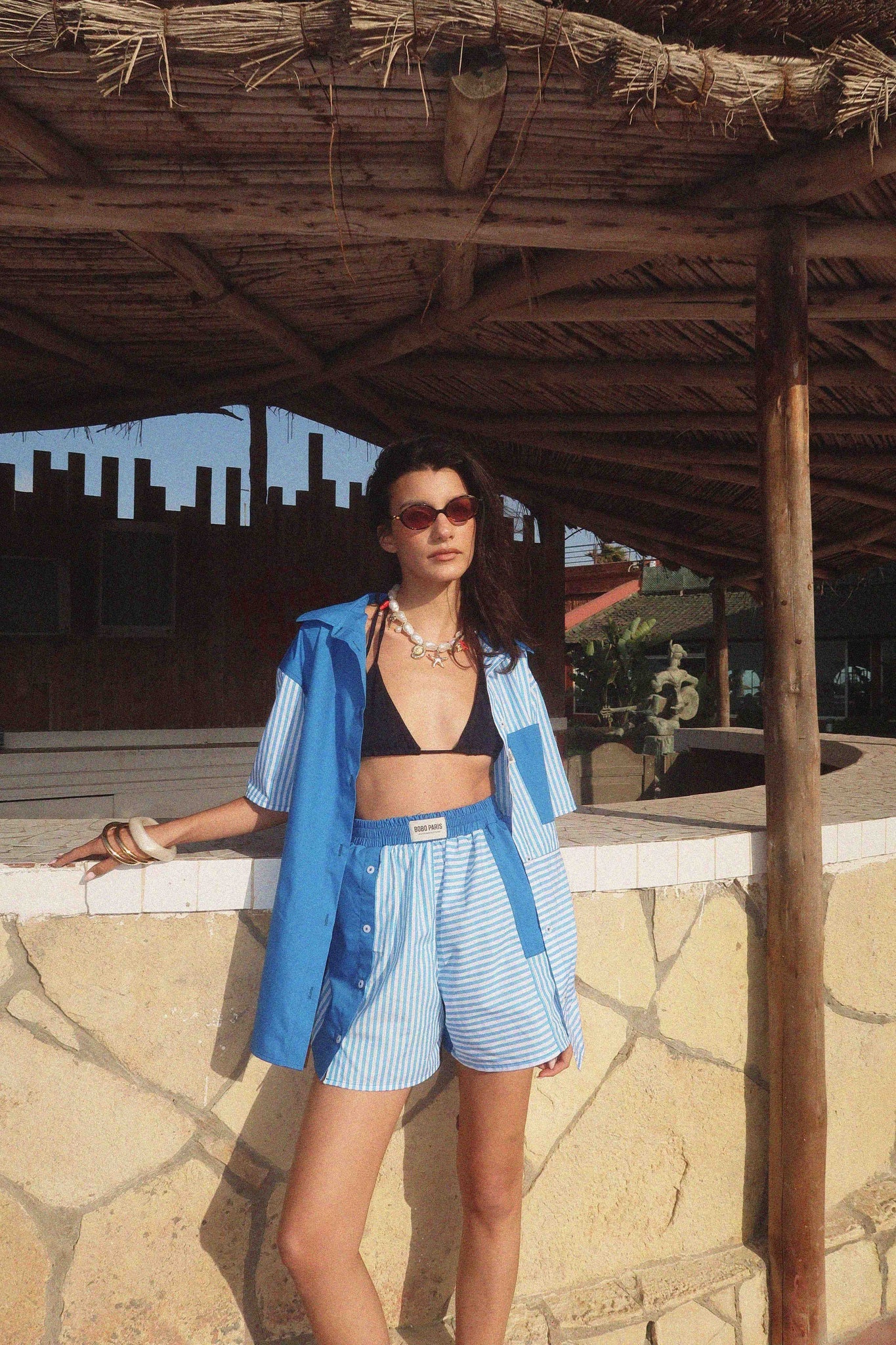 BOBO PARIS Liam short patchwork bleu femme coton