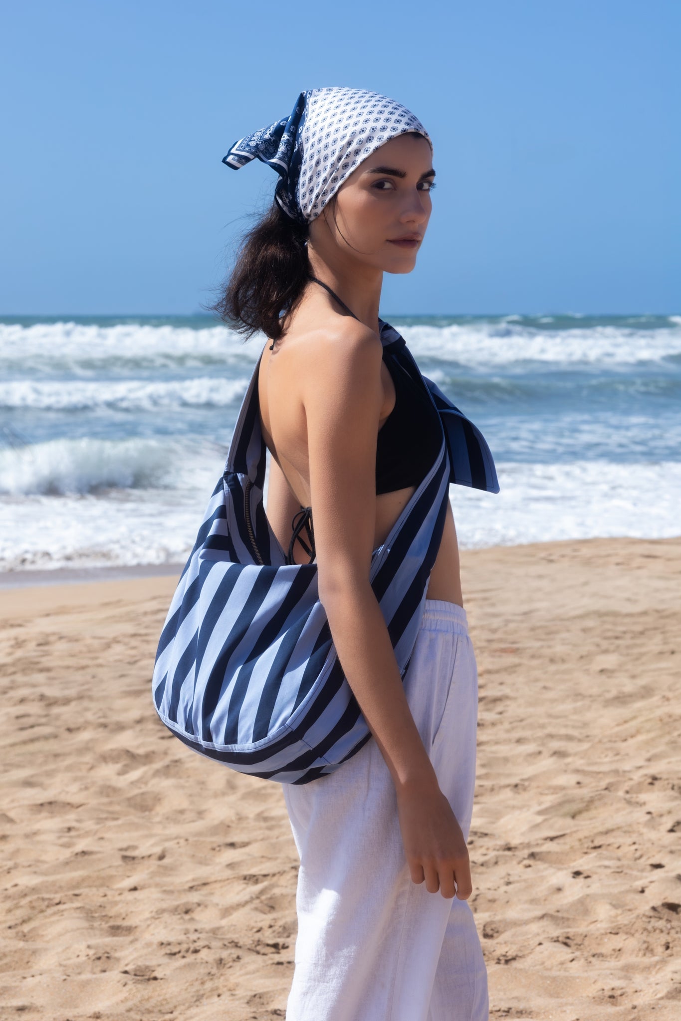 BOBO PARIS Sasha sac à nouer rayures bleues coton