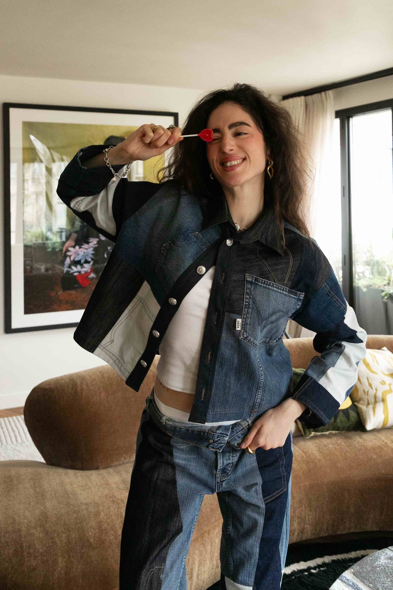 BOBO PARIS Zorha veste patchwork jean upcyclé crop