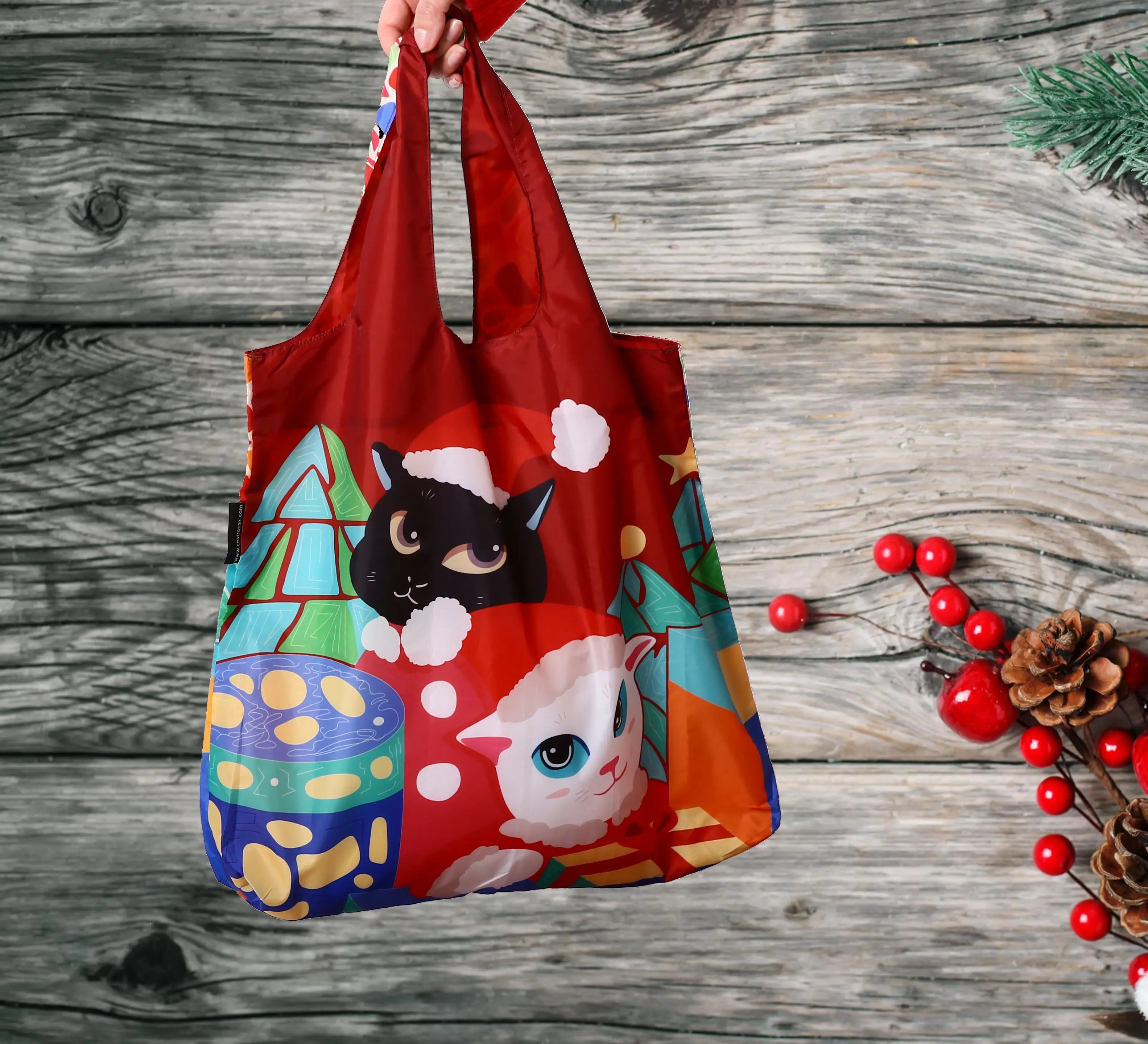 Envirosax Chat de Noël sac réutilisable rouge polyester
