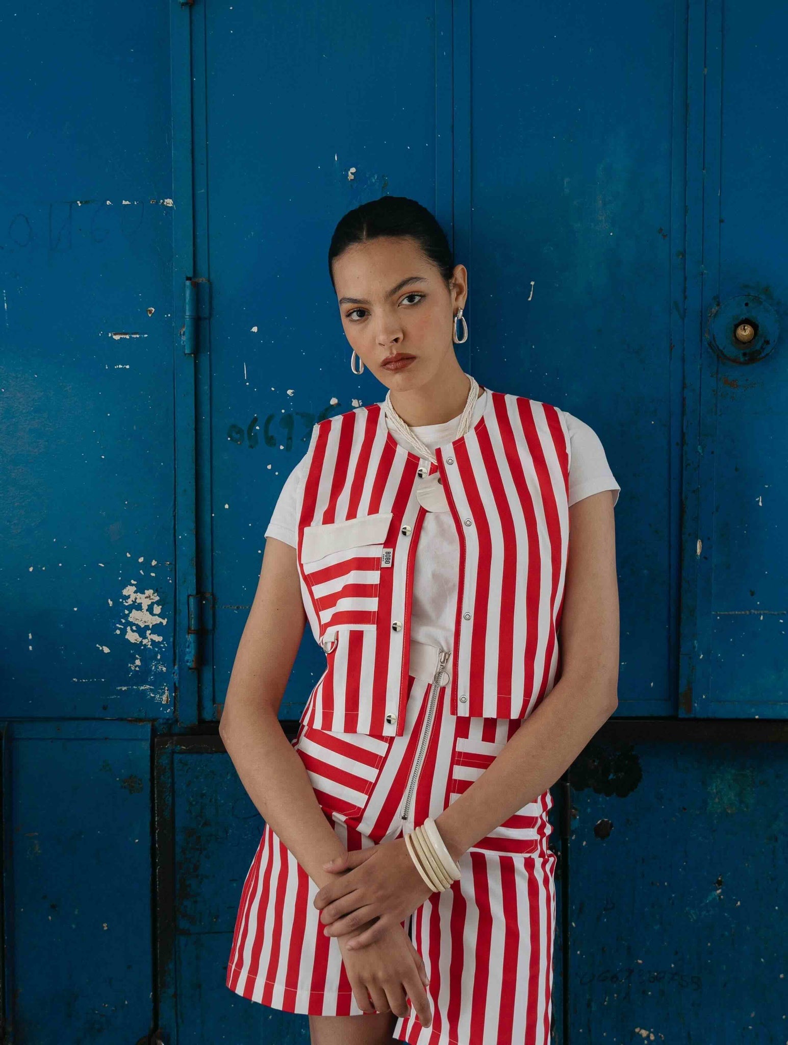 BOBO PARIS Colette gilet rayures rouge coton crop