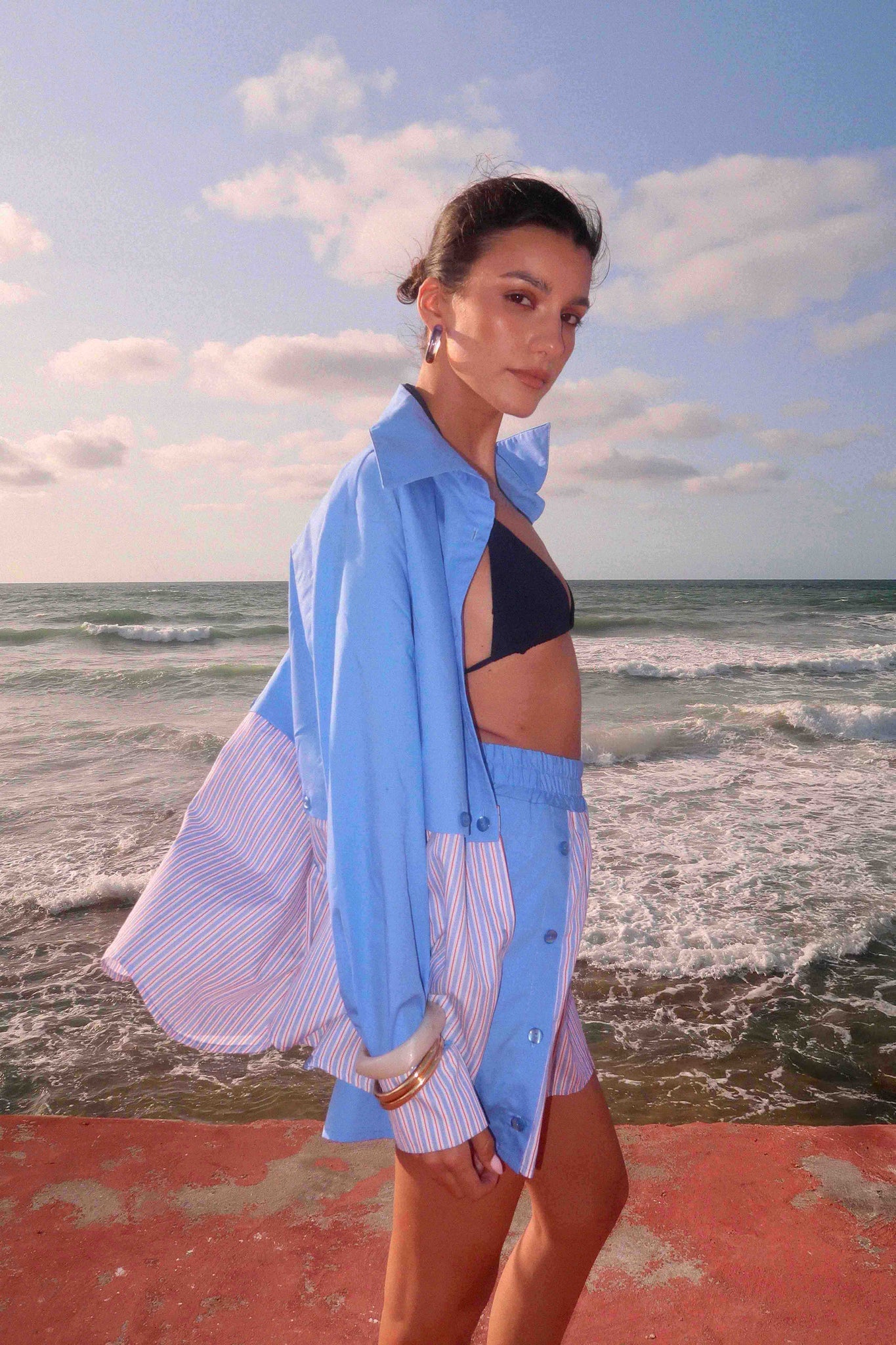 BOBO PARIS Andrea short bleu ciel coton taille haute