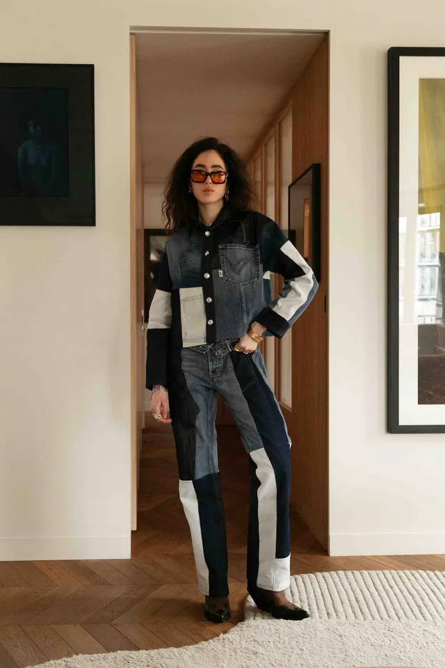 BOBO PARIS Zorha veste patchwork jean upcyclé crop